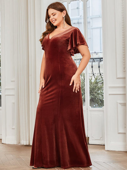 Plus Size Velvet Flutter Ruffle Sleeve Bodycon Floor-Length Evening Dress #color_Brick Red