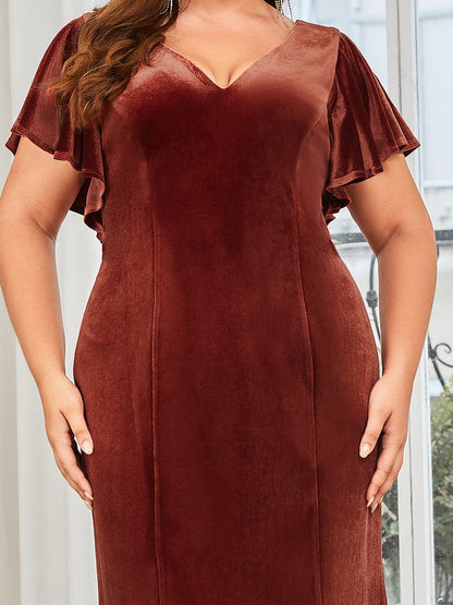 Plus Size Velvet Flutter Ruffle Sleeve Bodycon Floor-Length Evening Dress #color_Brick Red