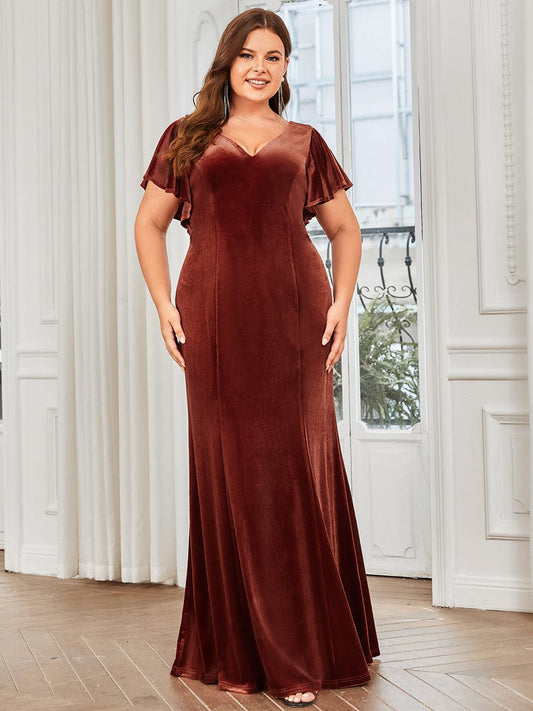 Plus Size Velvet Flutter Ruffle Sleeve Bodycon Floor-Length Evening Dress #color_Brick Red