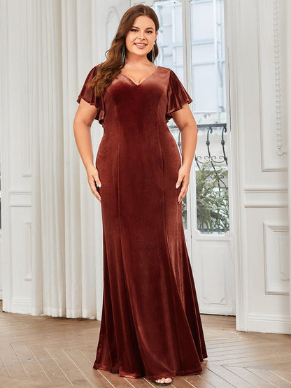 Plus Size Ruffle Sleeve V-Neck Plunging Back Velvet Bodycon Evening Dress