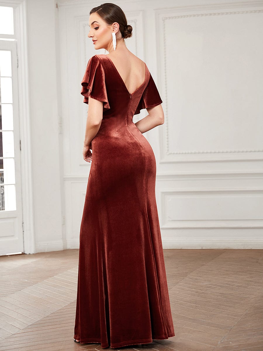 Velvet Flutter Ruffle Sleeve Bodycon Floor-Length Evening Dress #color_Brick Red