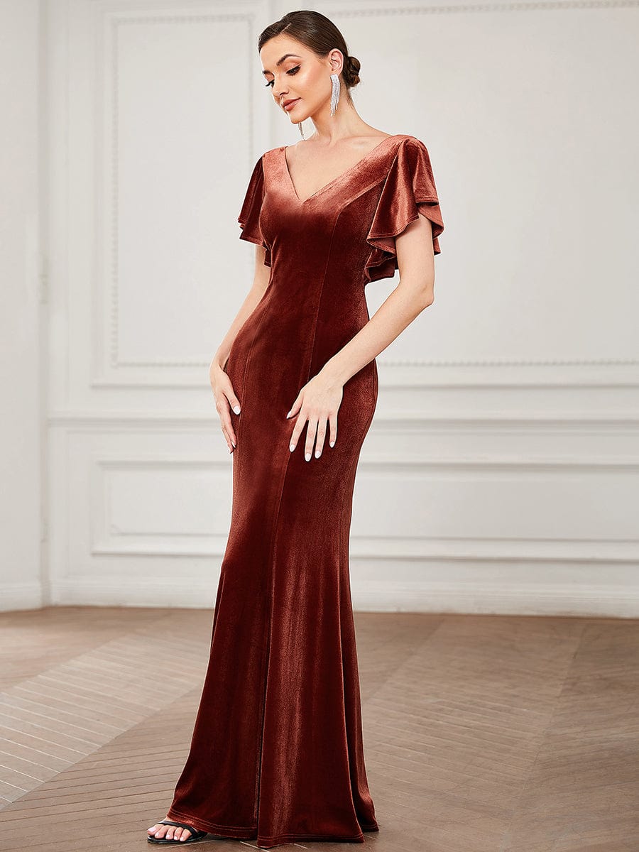 Velvet Flutter Ruffle Sleeve Bodycon Floor-Length Evening Dress #color_Brick Red