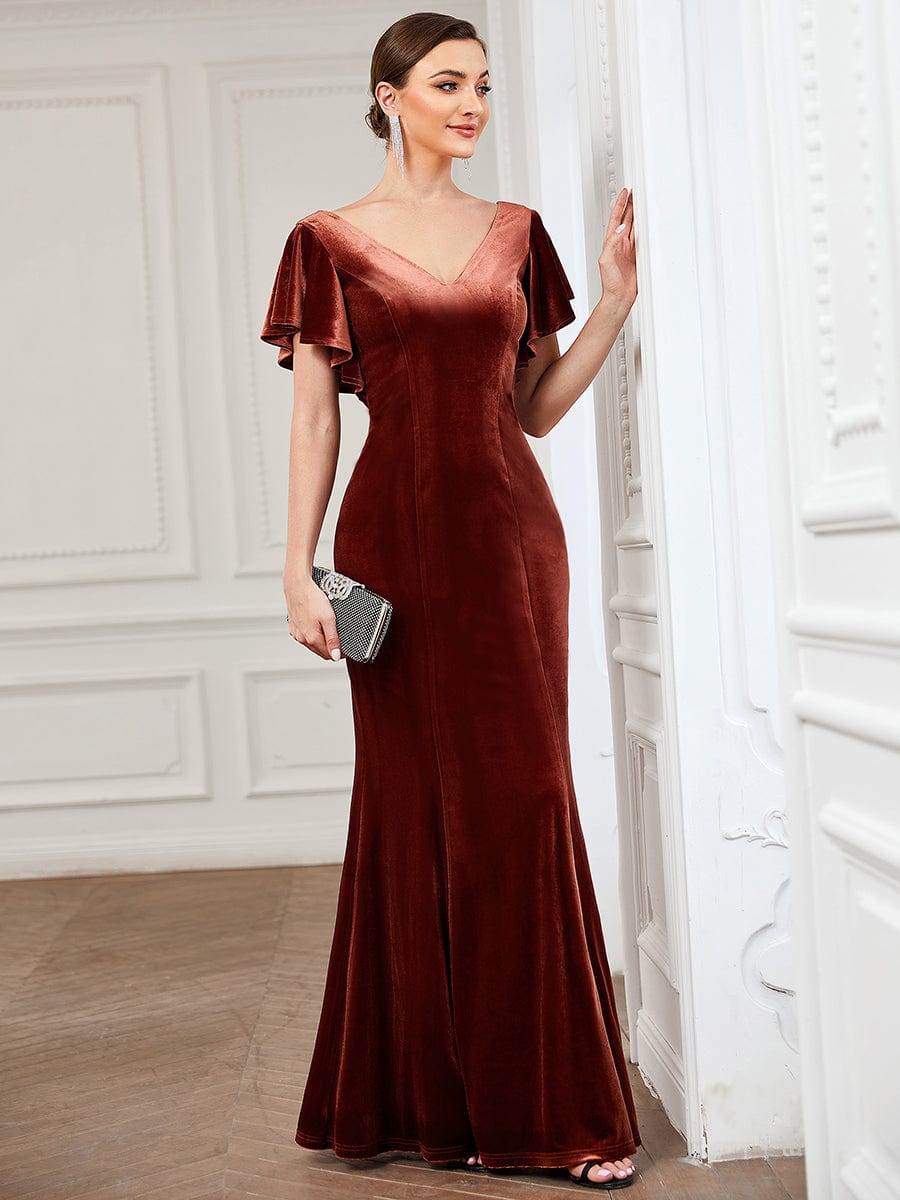 Velvet Flutter Ruffle Sleeve Bodycon Floor-Length Evening Dress #color_Brick Red