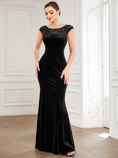 Lace Round Neck Bodycon Evening Dress #color_Black