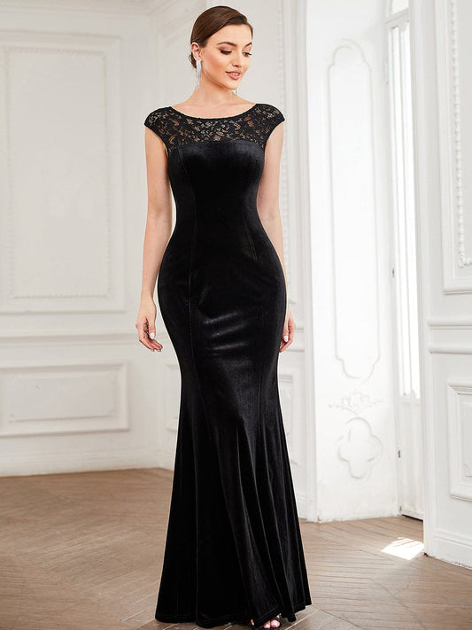 Lace Round Neck Bodycon Evening Dress #color_Black