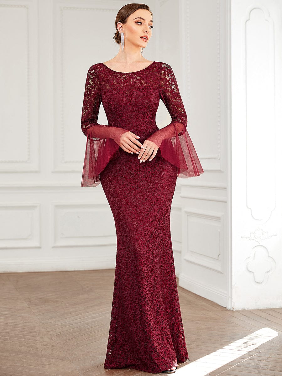 Tulle Bell Sleeve Lace Floor-Length Bodycon Evening Dress #color_Burgundy