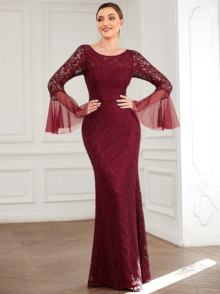 Tulle Bell Sleeve Lace Floor-Length Bodycon Evening Dress #color_Burgundy