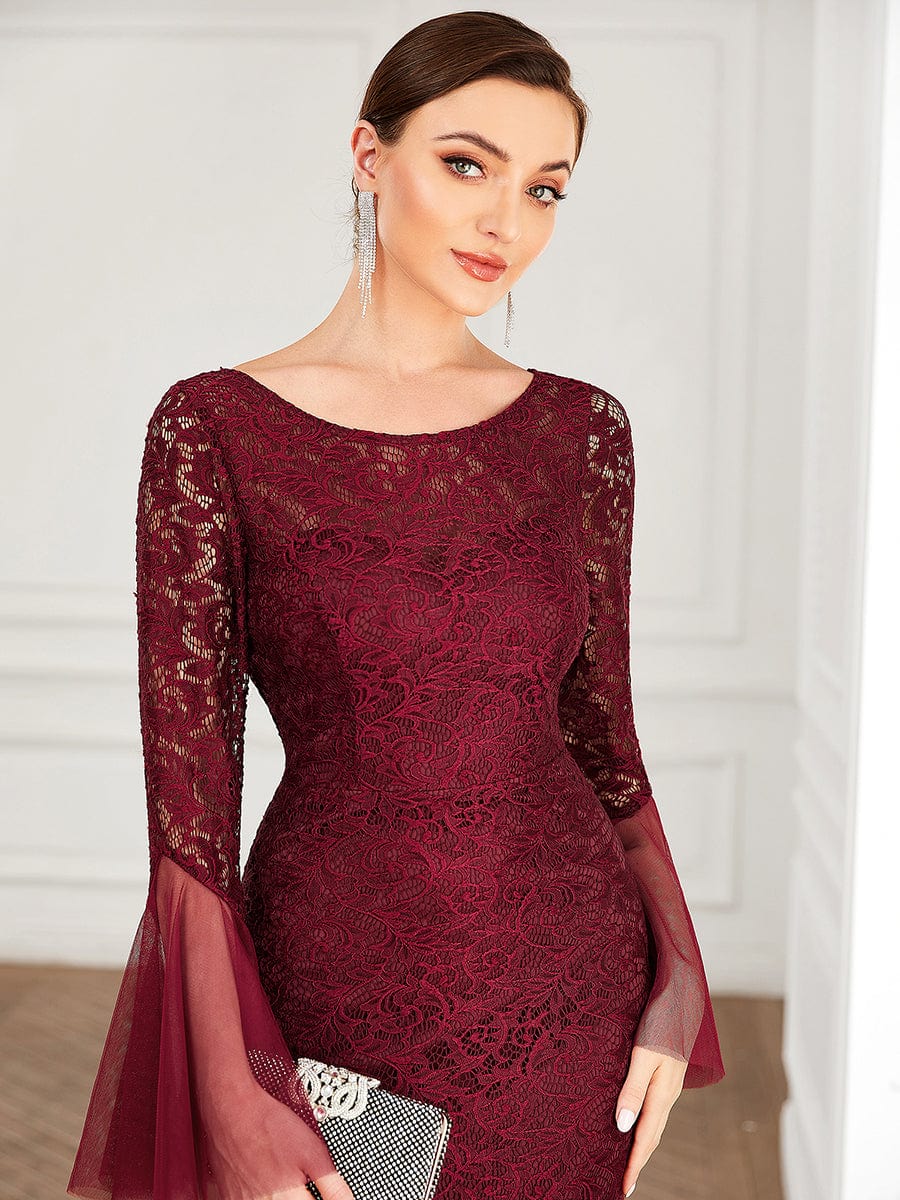 Tulle Bell Sleeve Lace Floor-Length Bodycon Evening Dress #color_Burgundy