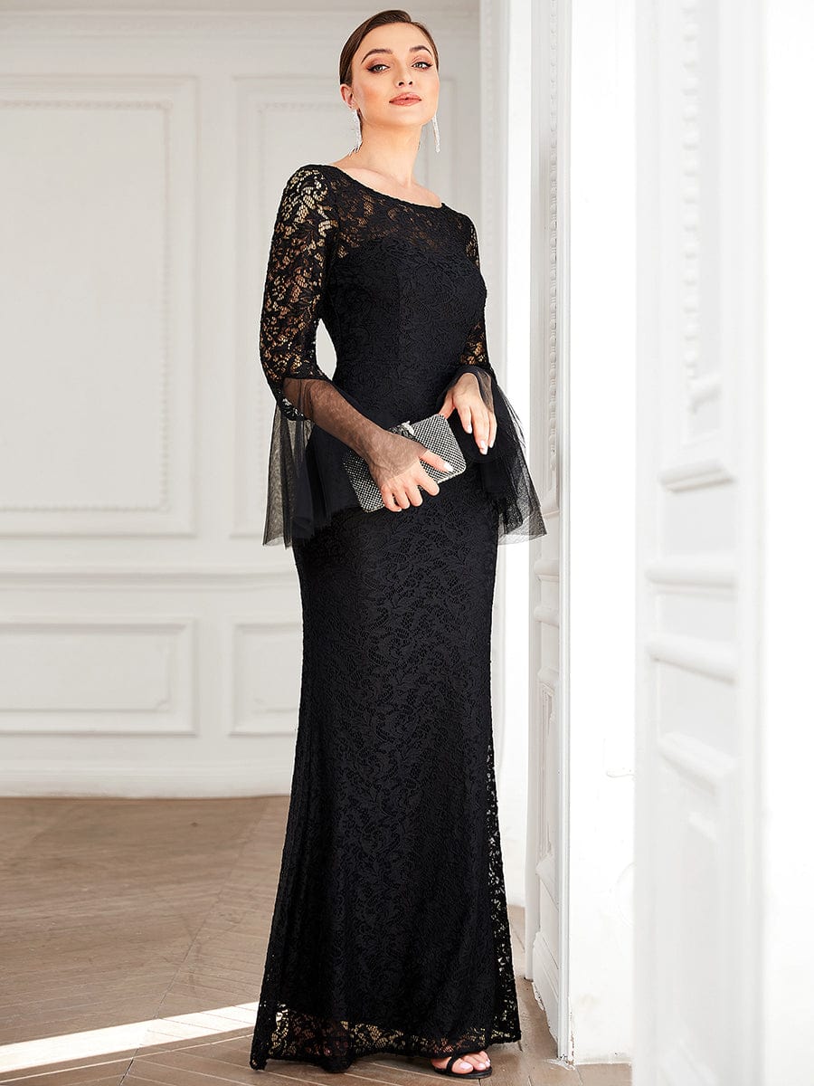 Tulle Bell Sleeve Lace Floor-Length Bodycon Evening Dress #color_Black