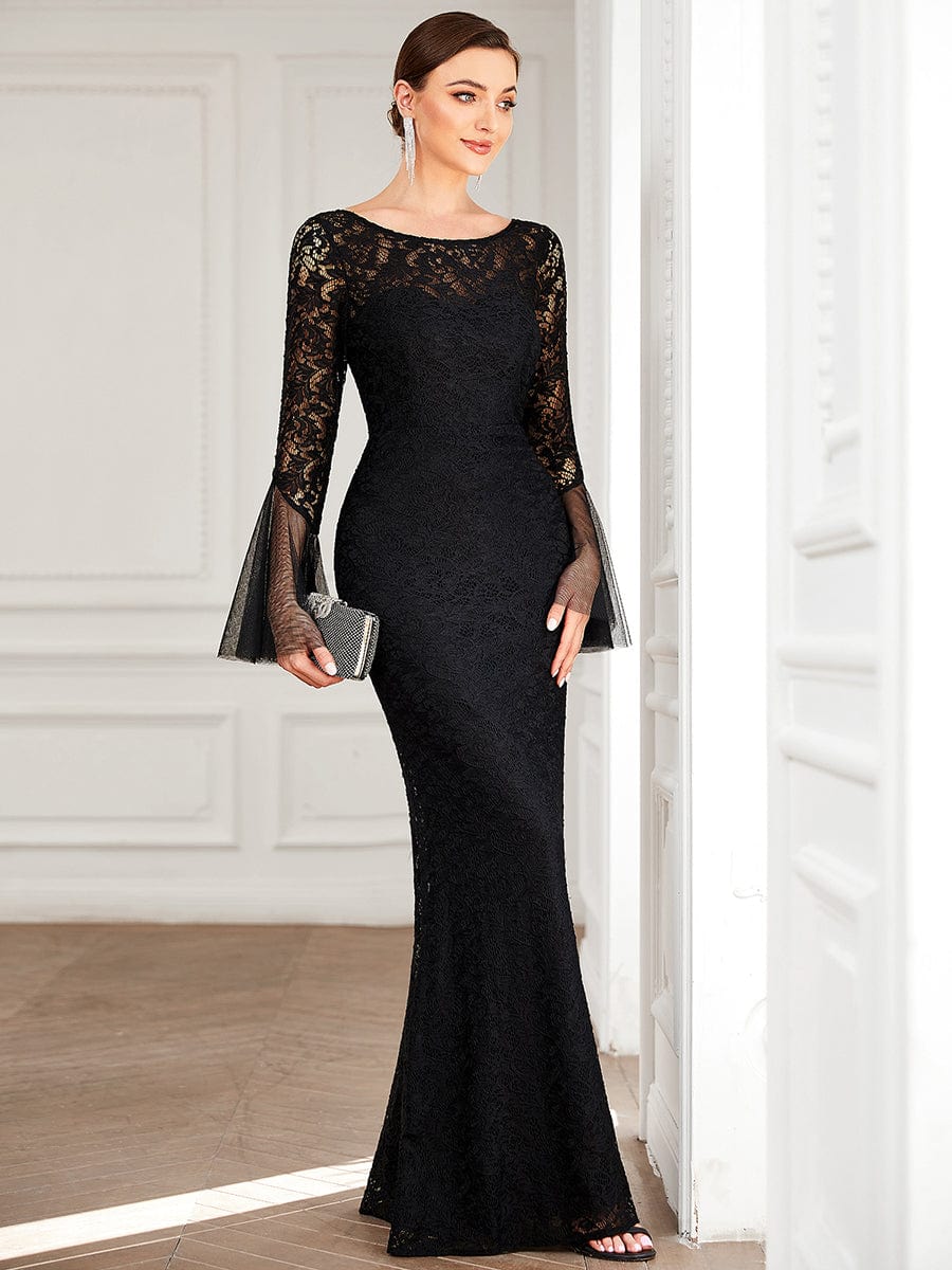 Tulle Bell Sleeve Lace Floor-Length Bodycon Evening Dress #color_Black