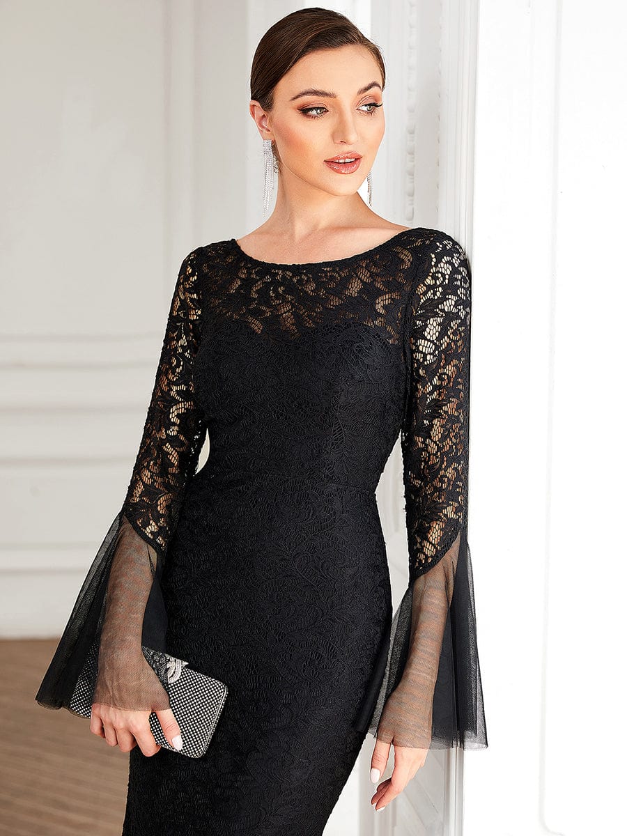 Tulle Bell Sleeve Lace Floor-Length Bodycon Evening Dress #color_Black