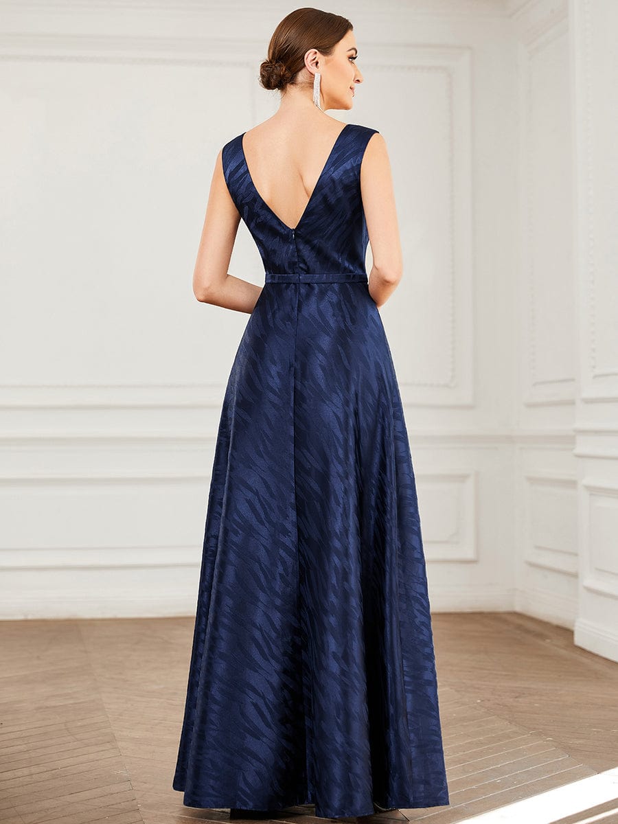 Illusion V-Neck Satin Empire Waist A-Line Evening Dress #Color_Navy Blue