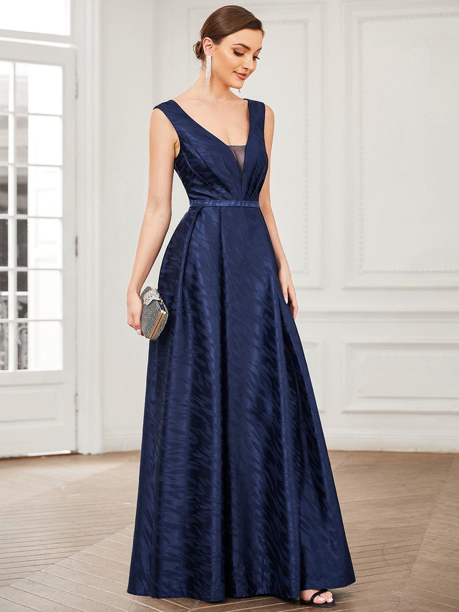 Illusion V-Neck Satin Empire Waist A-Line Evening Dress #Color_Navy Blue