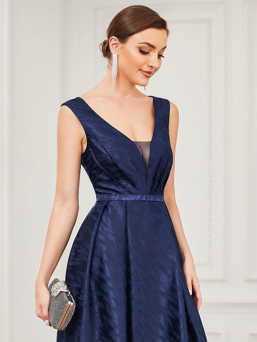 Illusion V-Neck Satin Empire Waist A-Line Evening Dress #Color_Navy Blue