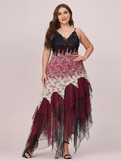 Women's V Neck Multi Color Asymmetrical Hems Prom Dress #color_Burgundy