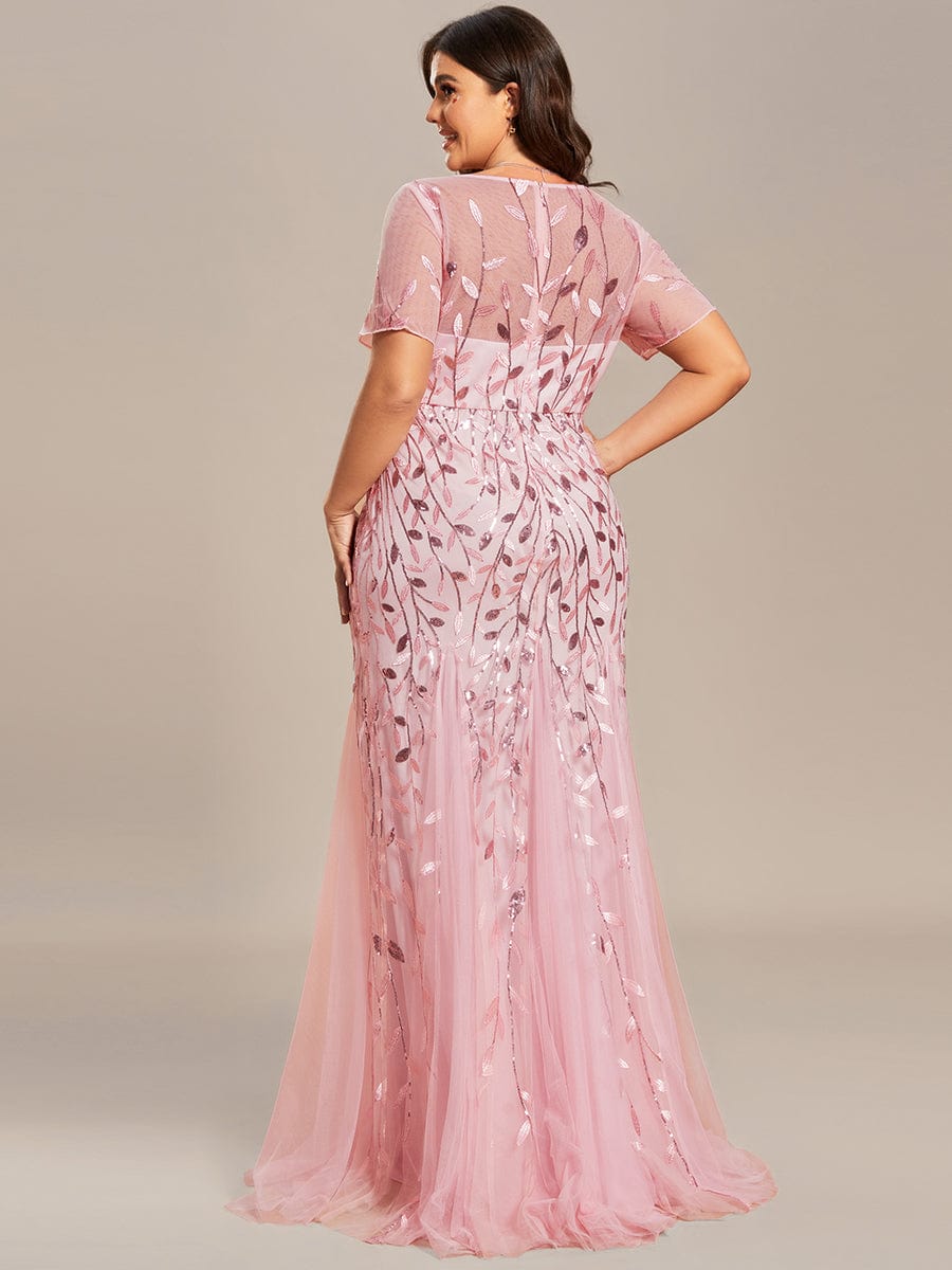 Floral Sequin Print Maxi Long Fishtail Tulle Dresses With Half Sleeve #Color_Pink