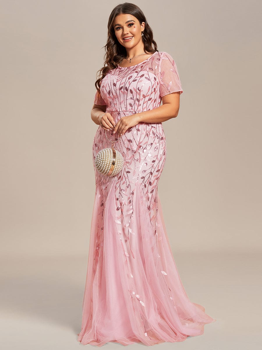 Floral Sequin Print Plus Size Mermaid Tulle Evening Dress #color_Pink