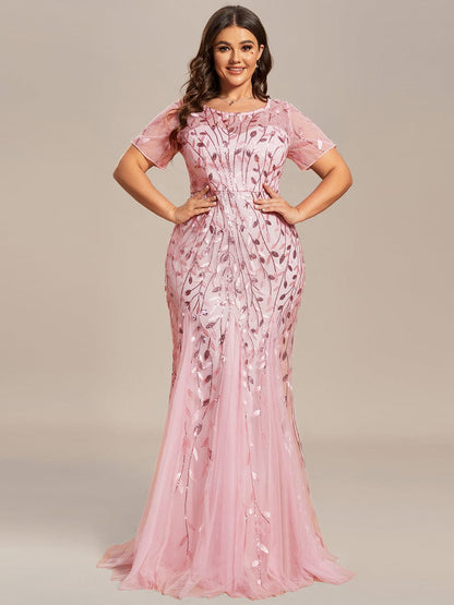 Floral Sequin Print Maxi Long Fishtail Tulle Dresses With Half Sleeve #Color_Pink