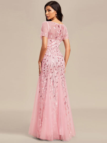 Floral Sequin Print Maxi Long Fishtail Tulle Dresses With Half Sleeve #Color_Pink