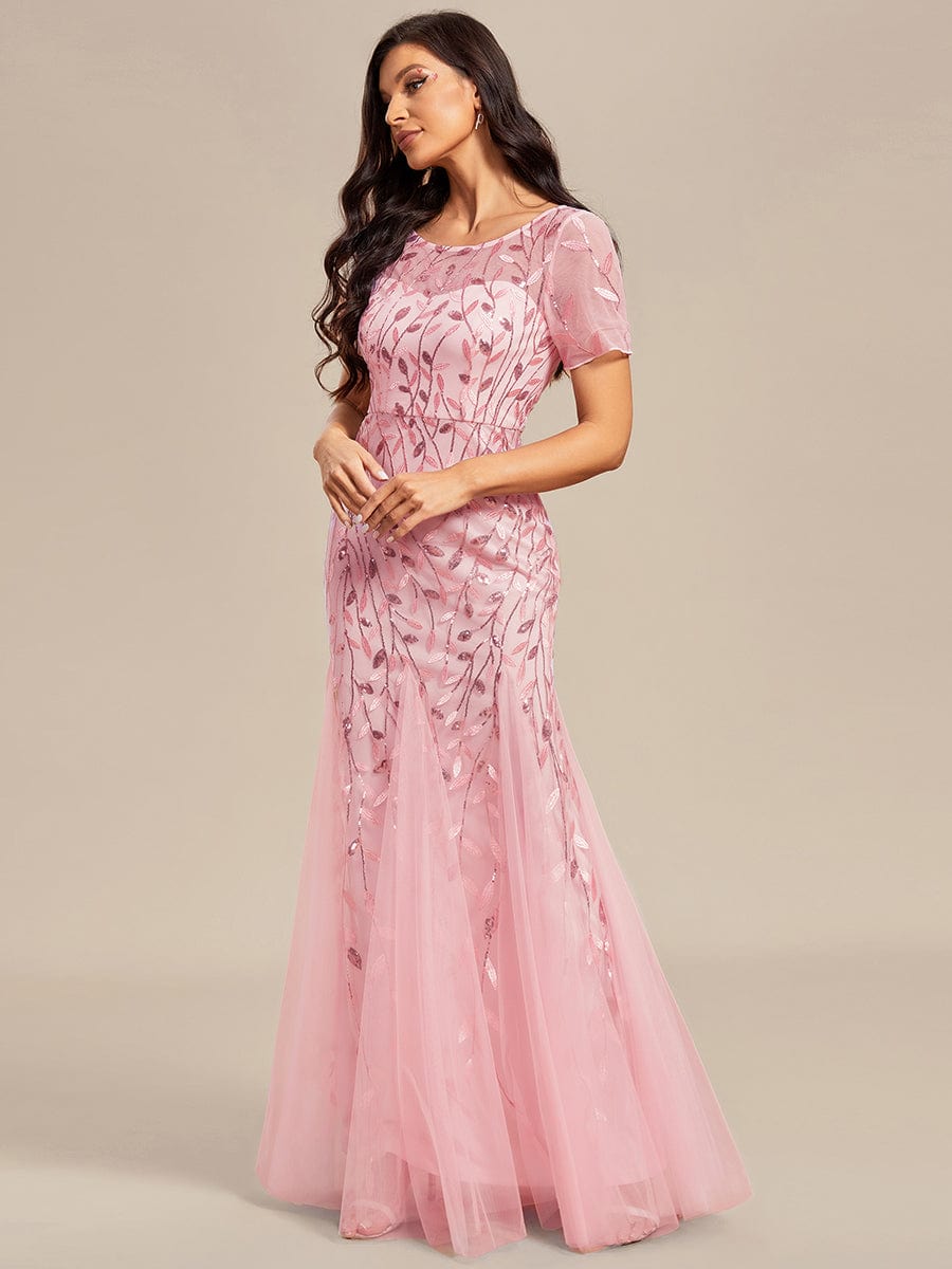 Floral Sequin Print Maxi Long Fishtail Tulle Dresses With Half Sleeve #Color_Pink