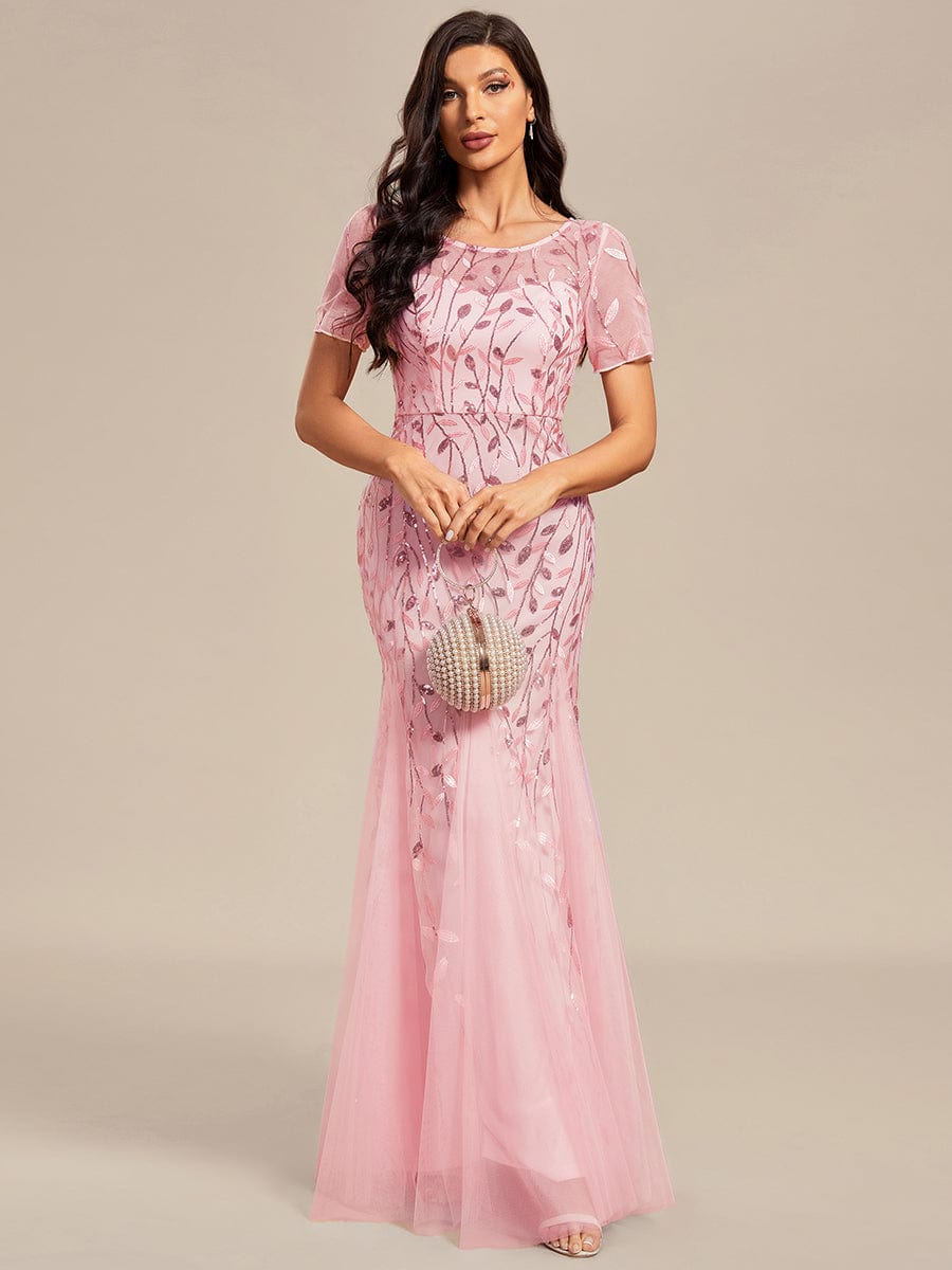 Floral Sequin Print Maxi Long Fishtail Tulle Dresses With Half Sleeve #Color_Pink