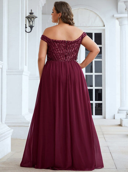 Plus Size Striped Sequin Sweetheart Floor-Length Evening Dress #color_Burgundy 