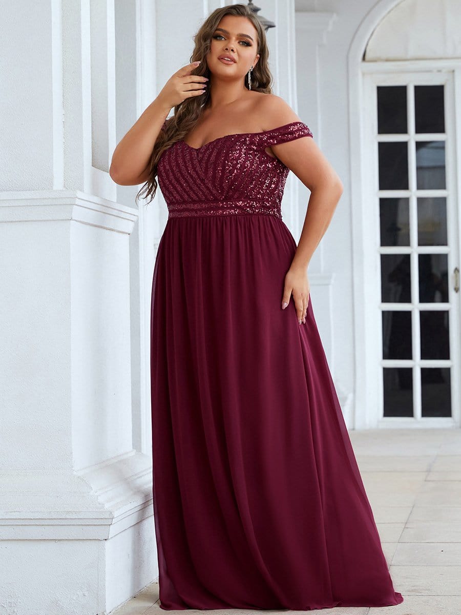 Plus Size Striped Sequin Sweetheart Floor-Length Evening Dress #color_Burgundy 