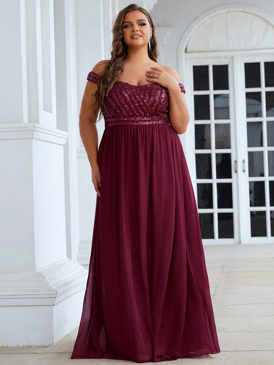 Plus Size Striped Sequin Sweetheart Floor-Length Evening Dress #color_Burgundy 