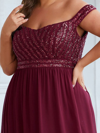 Plus Size Striped Sequin Sweetheart Floor-Length Evening Dress #color_Burgundy 