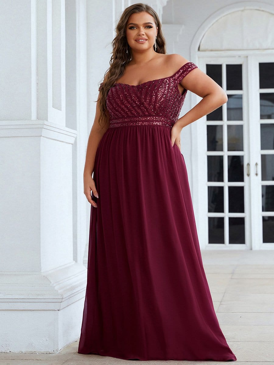 Plus Size Striped Sequin Sweetheart Floor-Length Evening Dress #color_Burgundy 