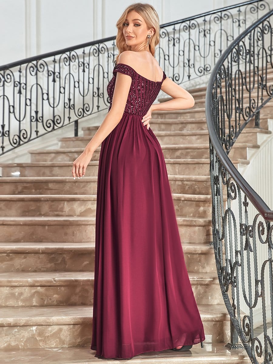 Striped Sequin Sweetheart Floor-Length Evening Dress #color_Burgundy 