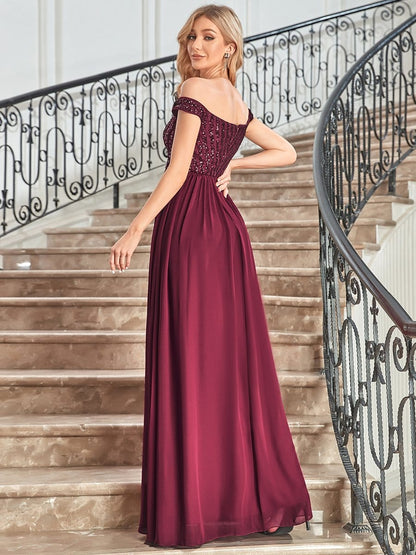 Striped Sequin Sweetheart Floor-Length Evening Dress #color_Burgundy 