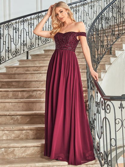 Striped Sequin Sweetheart Floor-Length Evening Dress #color_Burgundy 