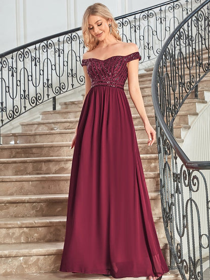 Striped Sequin Sweetheart Floor-Length Evening Dress #color_Burgundy 