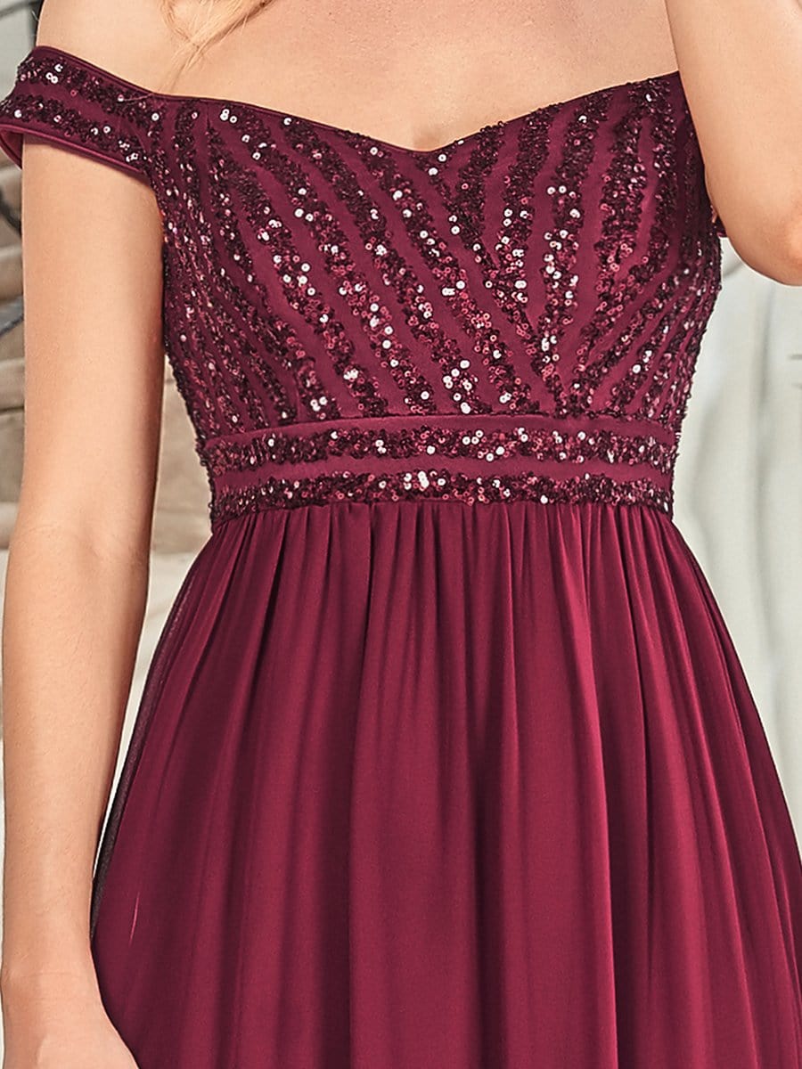 Striped Sequin Sweetheart Floor-Length Evening Dress #color_Burgundy 