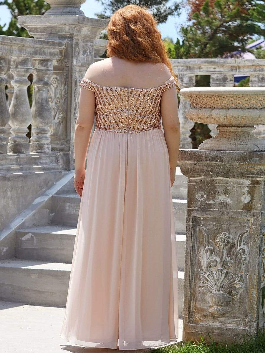 Plus Size Striped Sequin Sweetheart Floor-Length Evening Dress #color_Blush 