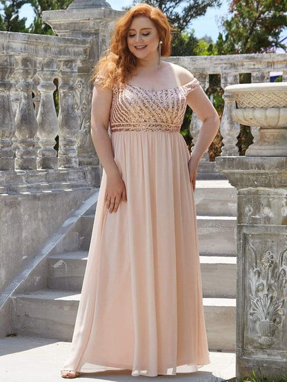 Plus Size Striped Sequin Sweetheart Floor-Length Evening Dress #color_Blush 