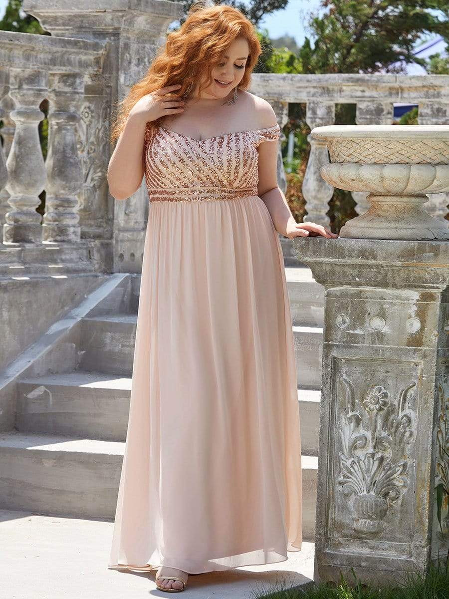 Plus Size Striped Sequin Sweetheart Floor-Length Evening Dress #color_Blush 