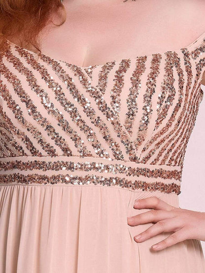 Plus Size Striped Sequin Sweetheart Floor-Length Evening Dress #color_Blush 