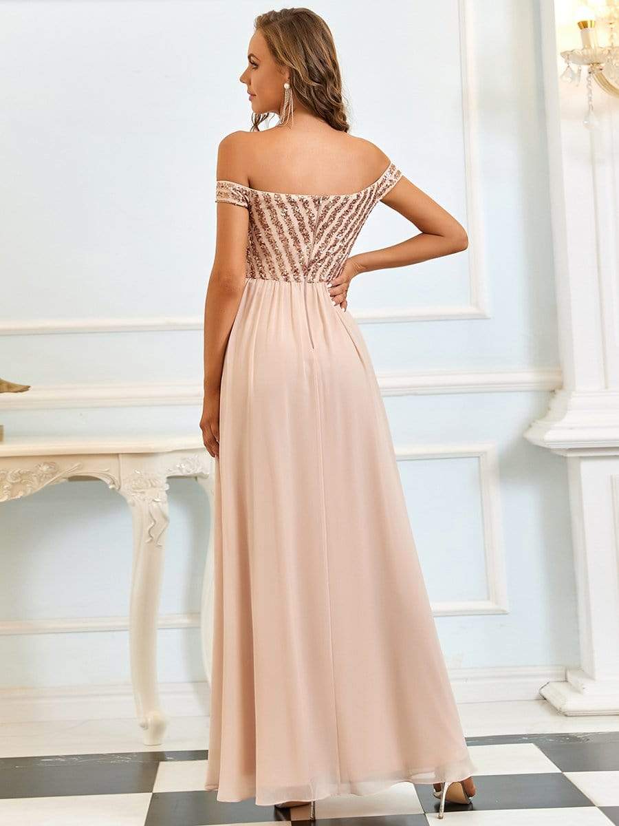 Striped Sequin Sweetheart Floor-Length Evening Dress #color_Blush 