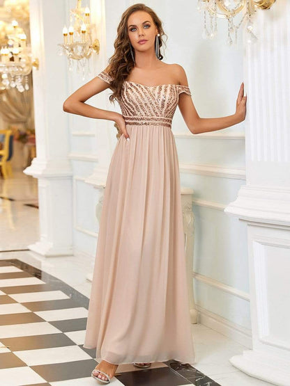 Striped Sequin Sweetheart Floor-Length Evening Dress #color_Blush 