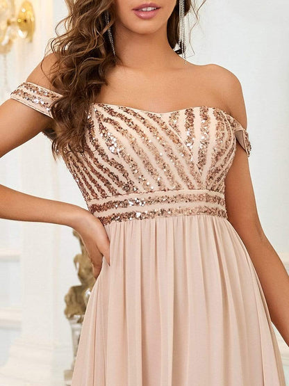 Striped Sequin Sweetheart Floor-Length Evening Dress #color_Blush 