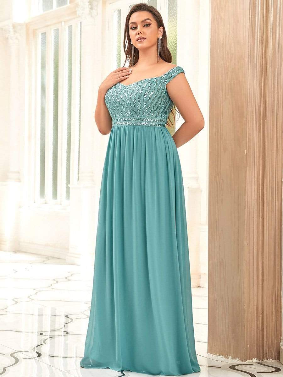 Plus Size Striped Sequin Sweetheart Floor-Length Evening Dress #color_Dusty Blue 