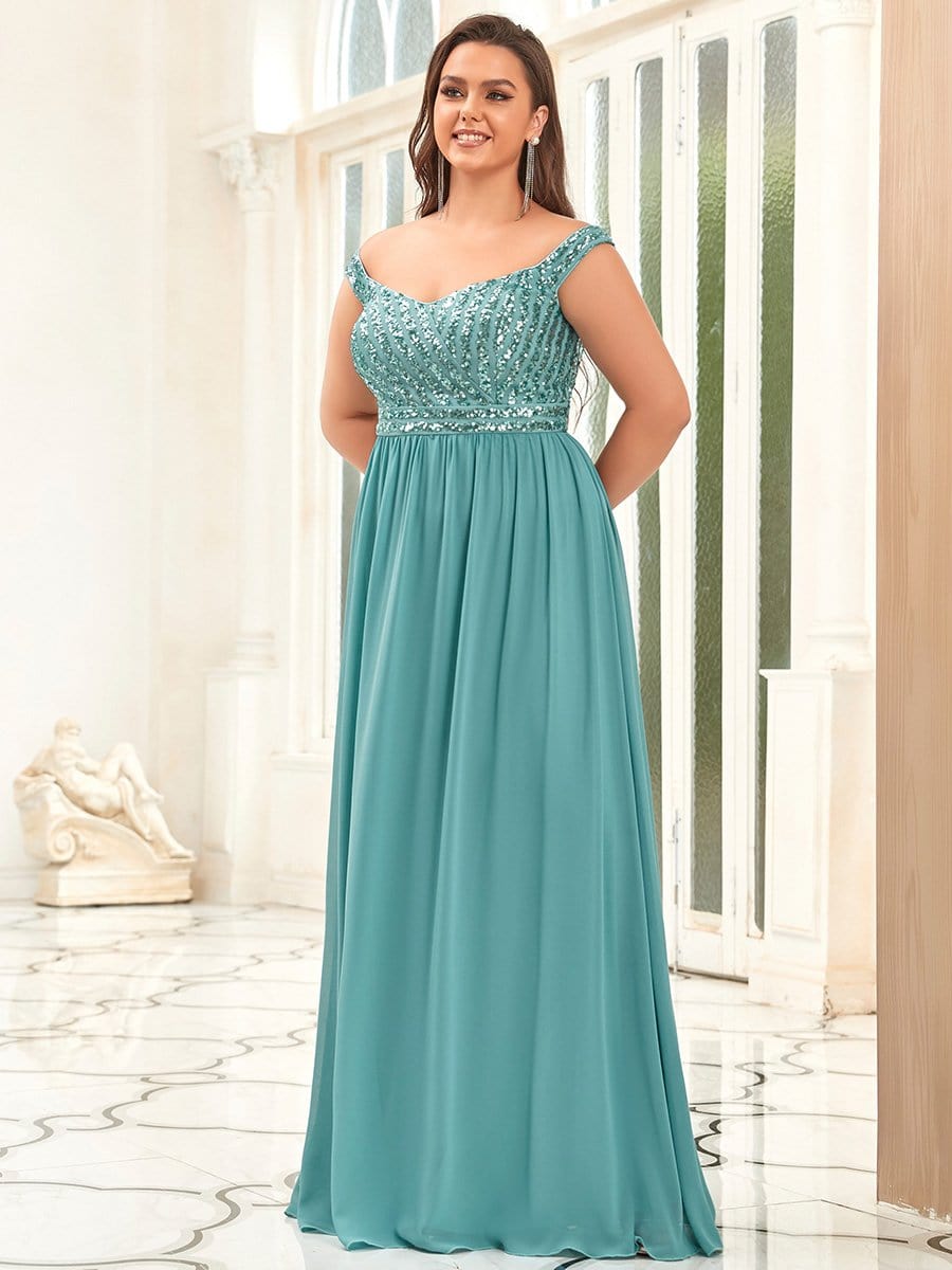 Plus Size Striped Sequin Sweetheart Floor-Length Evening Dress #color_Dusty Blue 