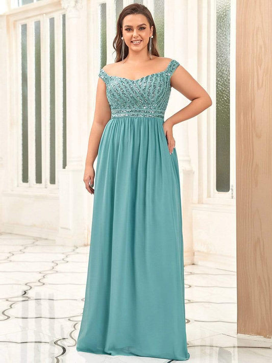 Plus Size Striped Sequin Sweetheart Floor-Length Evening Dress #color_Dusty Blue 