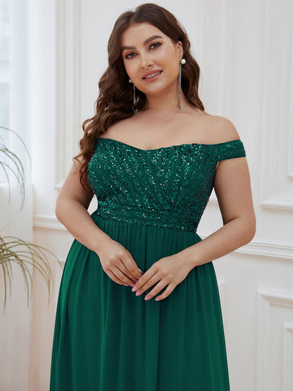 Plus Size Striped Sequin Sweetheart Floor-Length Evening Dress #color_Dark Green 