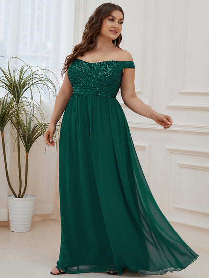 Plus Size Striped Sequin Sweetheart Floor-Length Evening Dress #color_Dark Green 