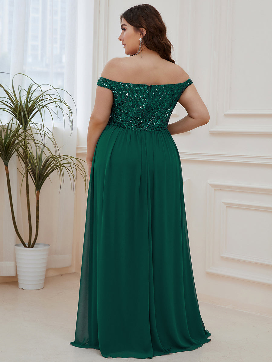 Plus Size Striped Sequin Sweetheart Floor-Length Evening Dress #color_Dark Green 