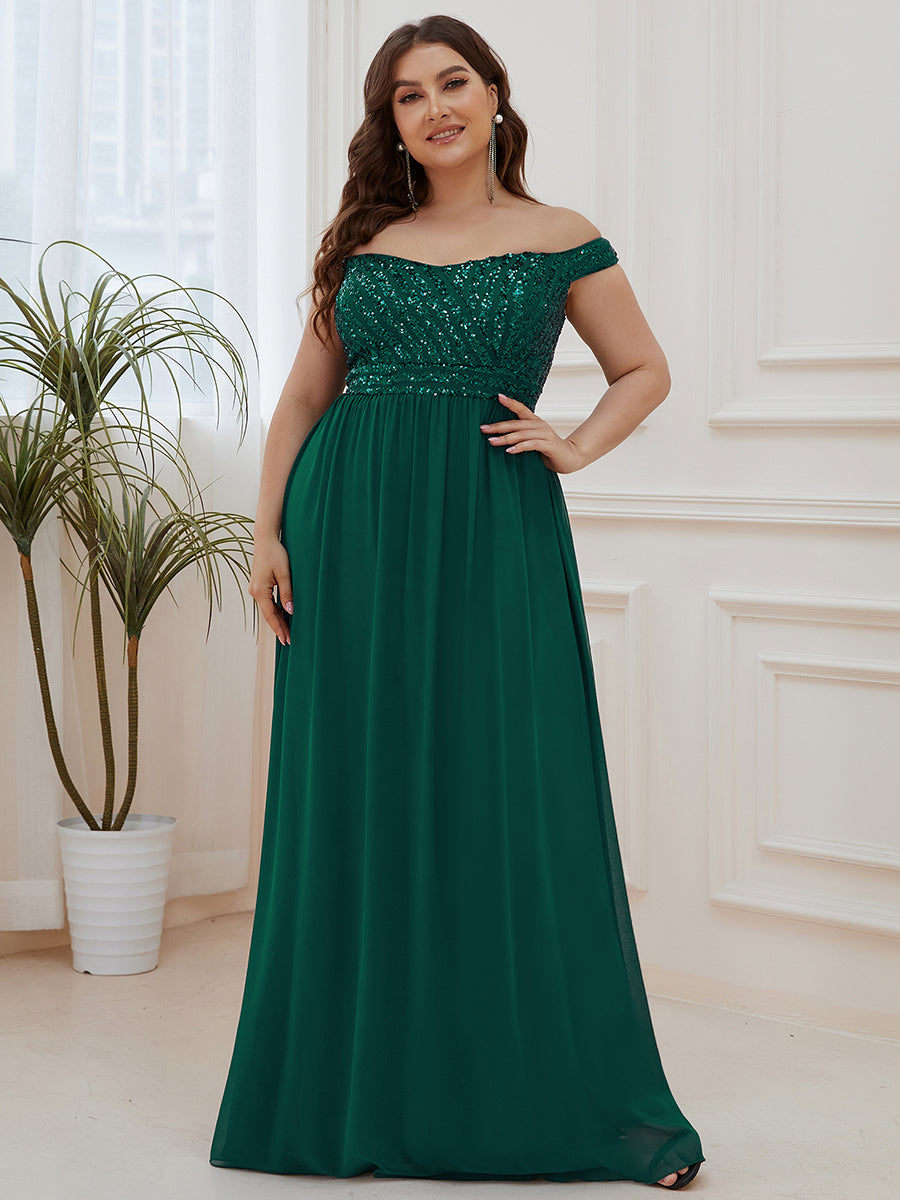 Plus Size Striped Sequin Sweetheart Floor-Length Evening Dress #color_Dark Green 