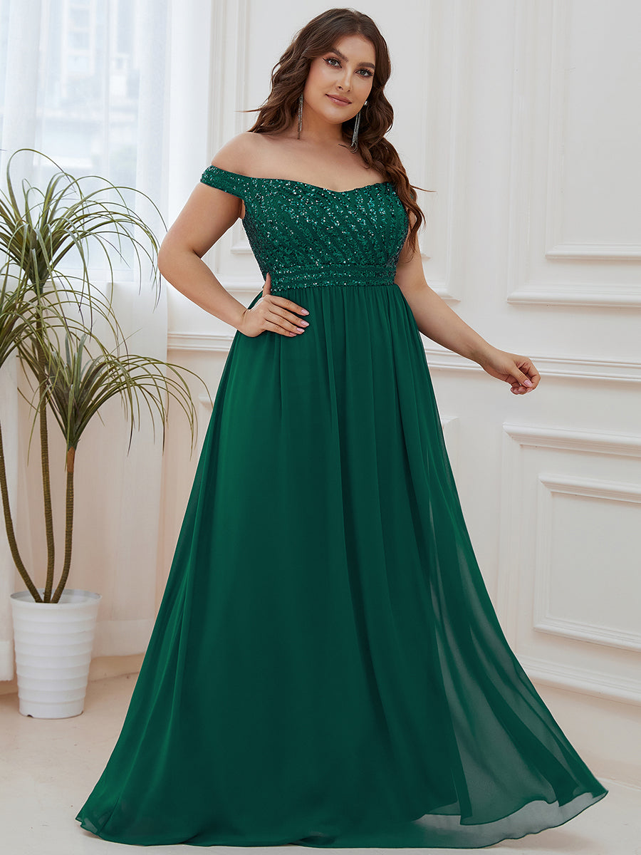 Plus Size Striped Sequin Sweetheart Floor-Length Evening Dress #color_Dark Green 